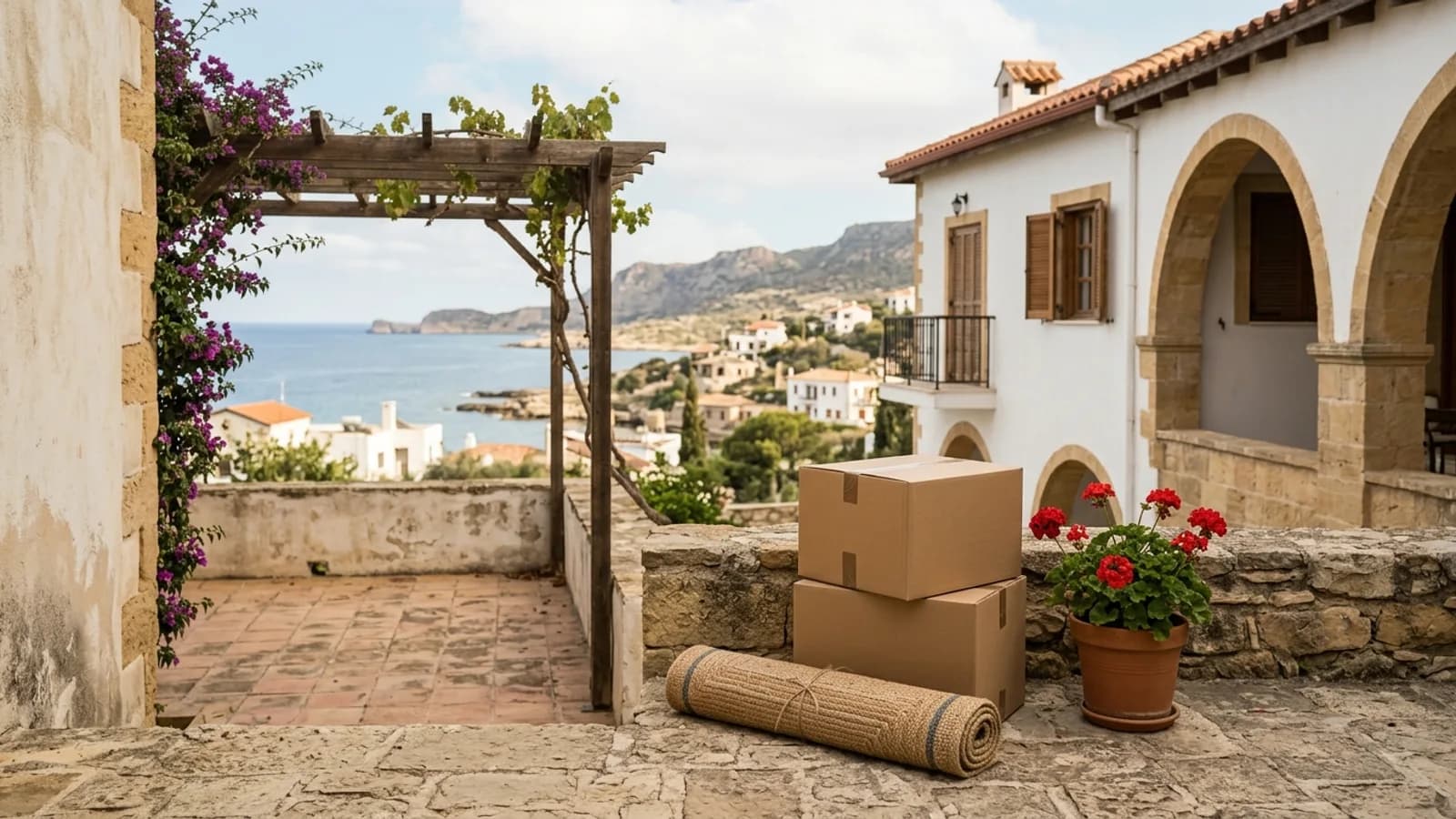Cardboard boxes and a rolled rug on a terrace with a sea view, illustrative image