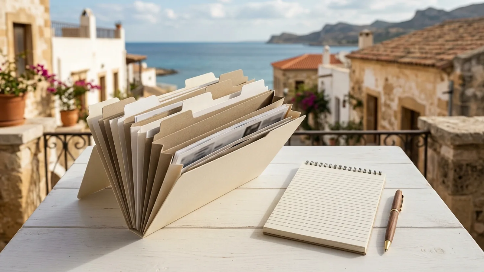 An accordion folder and notepad on a table with a sea view, illustrative image