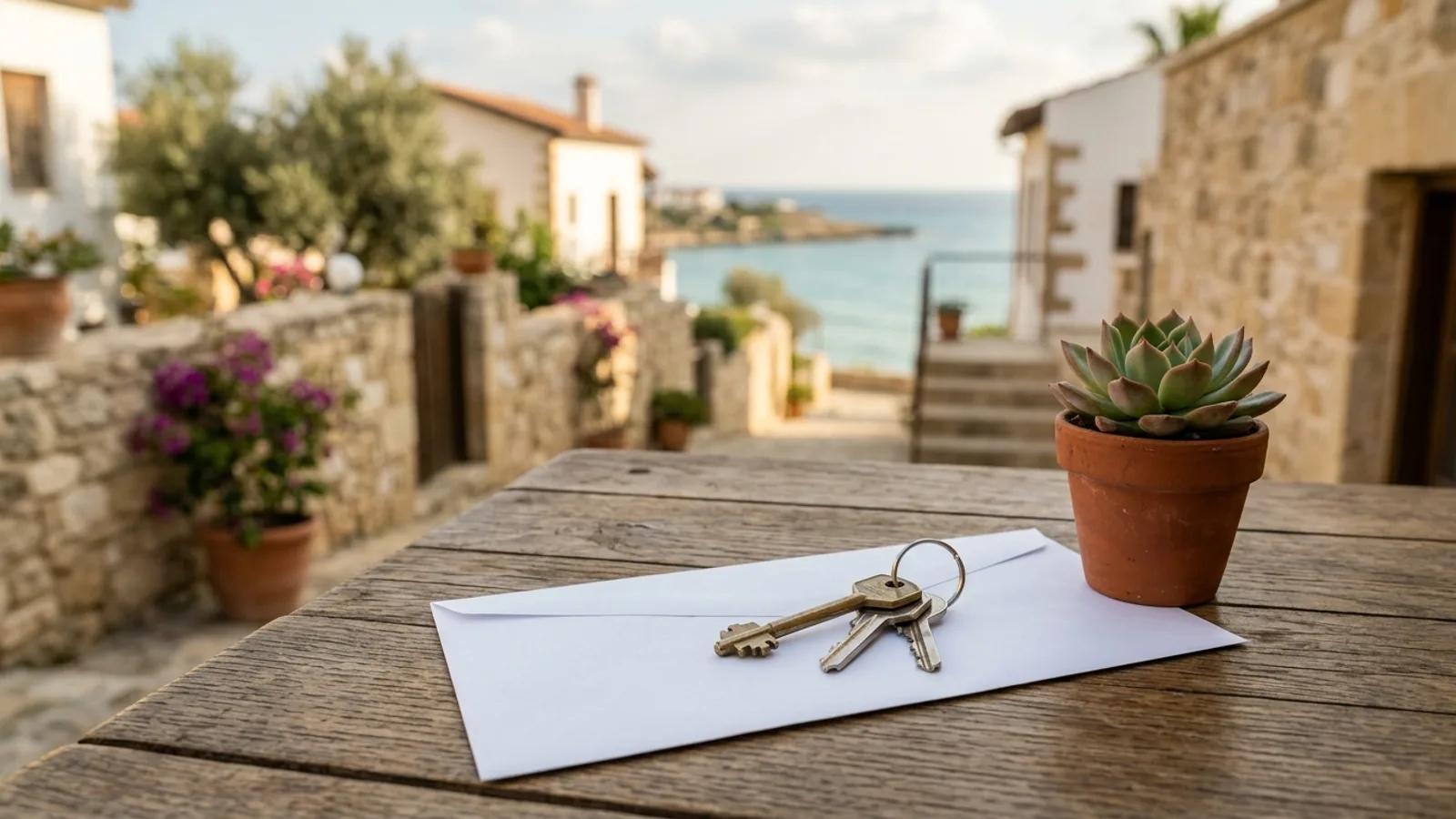 Keys and a blank envelope on a wooden table with a coastal village view, illustrative image