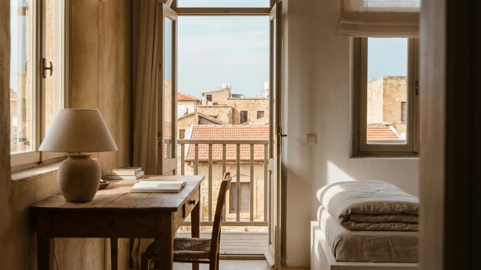 A study desk corner in an apartment with a balcony, illustrative image