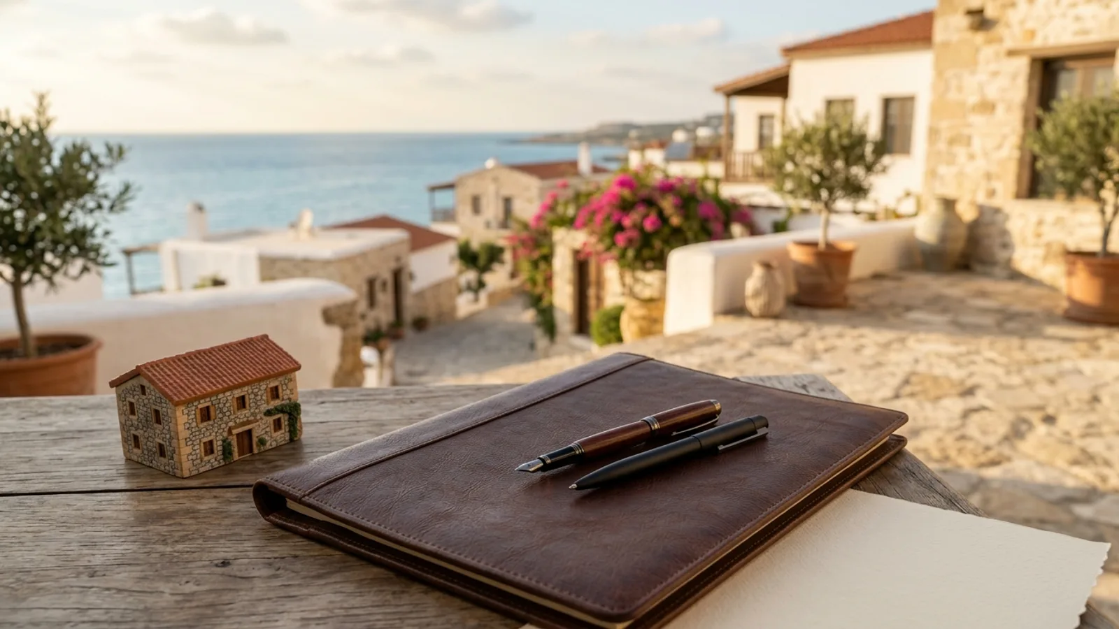 Pens and a miniature house model on a leather folder with a coastal village view, illustrative image