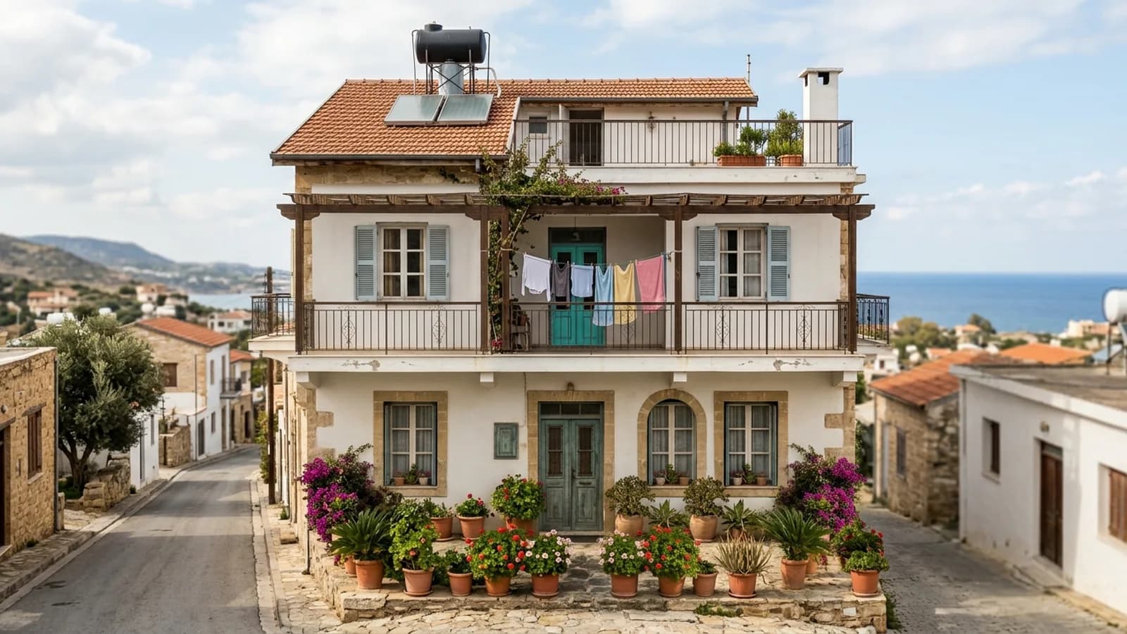 Üç katlı bir Akdeniz apartmanının düz cepheden görünümü: bahçe katında narenciye saksıları, ara katta gölgeli balkon, en üstte güneş enerjisi deposu bulunan çatı terası — temsili görsel