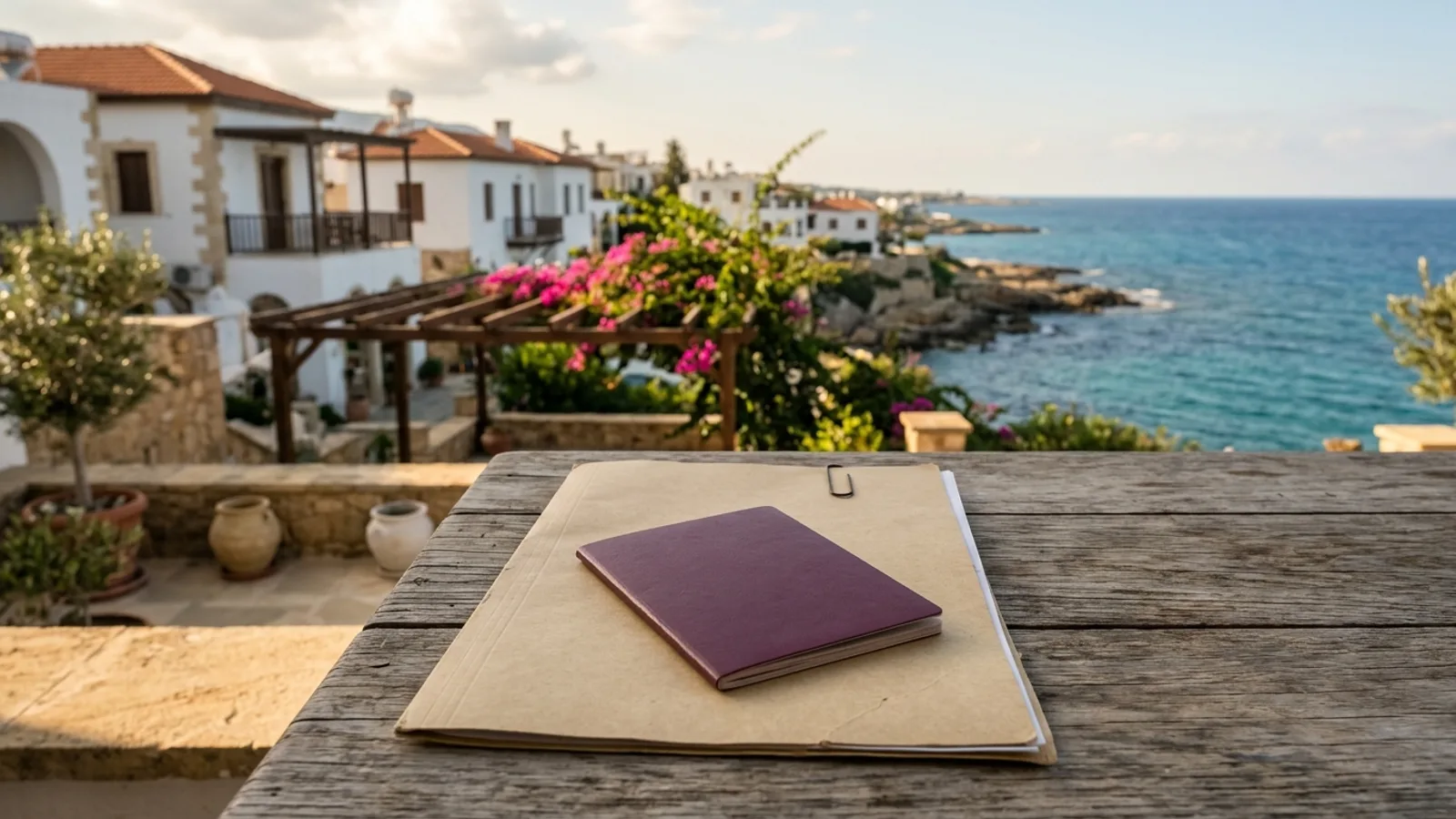 A passport resting on an unmarked folder with a coastal village view, illustrative image