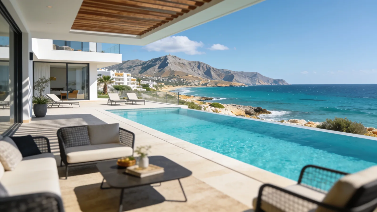 Modern villa with a large terrace at sunset, North Cyprus — illustrative image