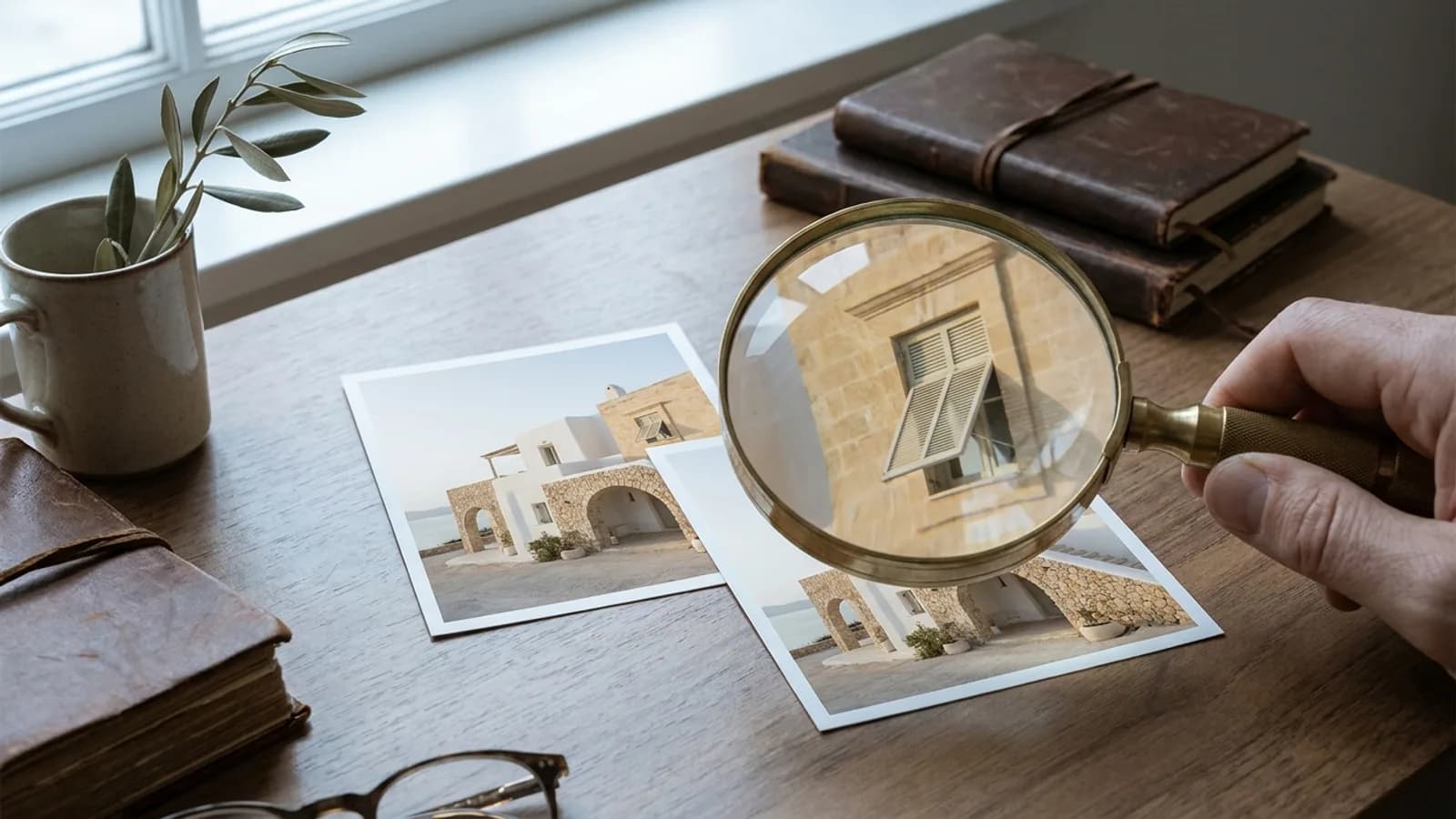 İki emlak fotoğrafını yan yana inceleyen bir kişi, yüz göstermeden — temsili görsel