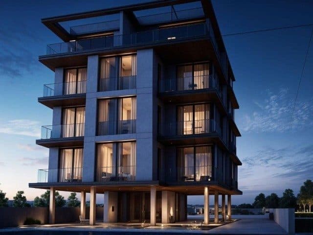 Cam korkuluklu balkonları olan modern apartman, akşam ışığında