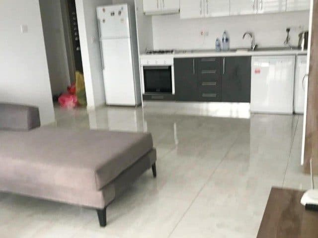 Gri koltuk ve açık mutfağın birlikte göründüğü geniş açı