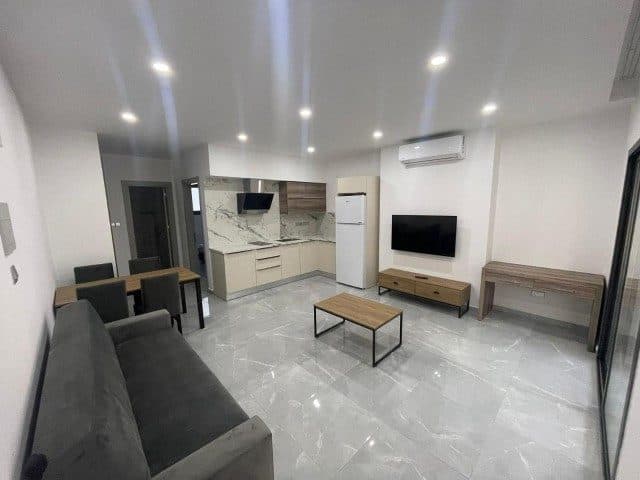 Gri koltuk, yemek masası ve açık plan mutfak