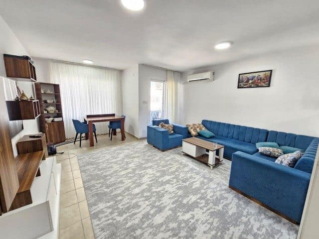 Mavi koltuklar, geniş desenli halı ve pencere önünde yemek masası