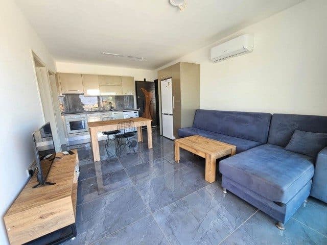 Gray corner sofa, wooden tables, and an open kitchen