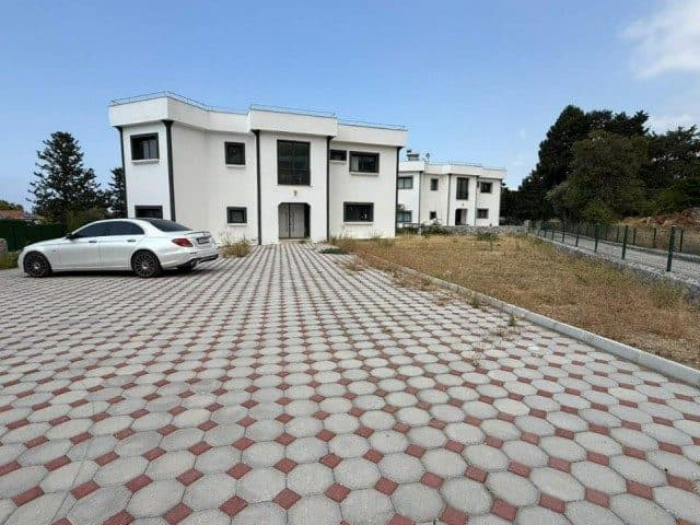 Beyaz cepheli ev, desenli taş döşeli geniş park alanıyla görünüyor.