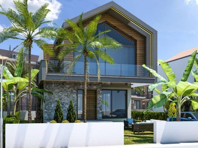 Ahşap detaylı cephe, cam balkon ve palmiye ağaçları