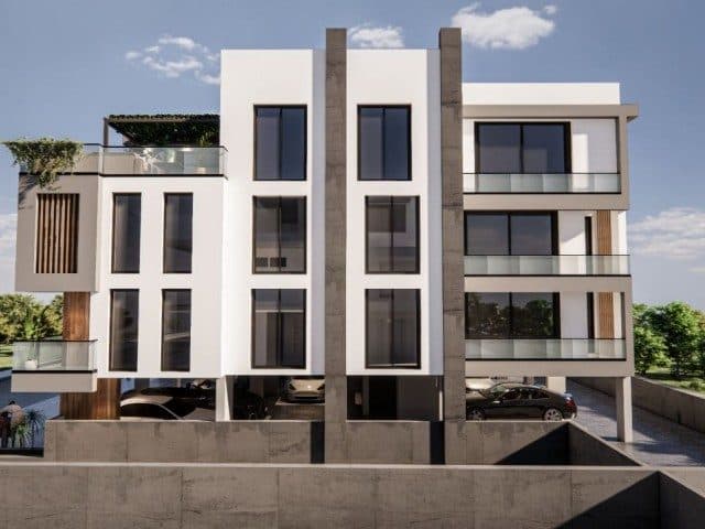 Önden görünümde dikey pencereler ve cam balkon korkulukları