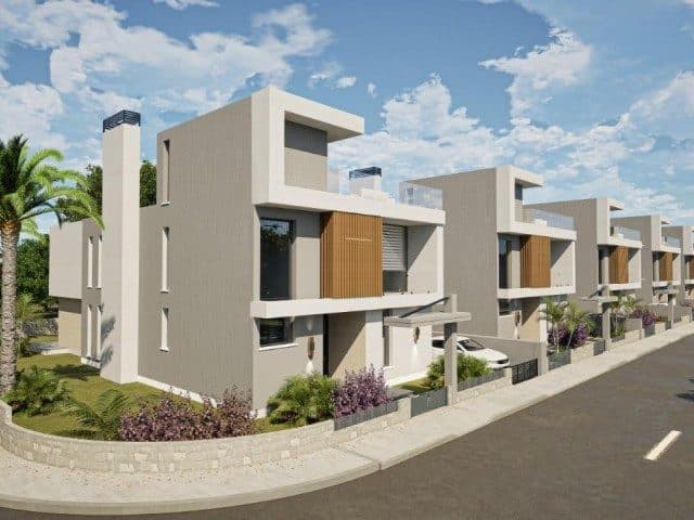 Light-colored facades, wooden panels, and small front gardens