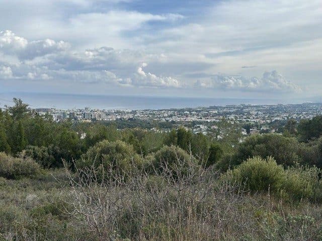 Önde çalılık arazi, uzakta şehir ve deniz manzarası