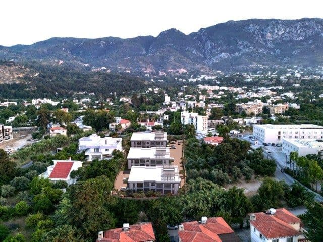 Ağaçlar arasındaki apartmanlar ve arkalarında uzanan dağ sırası
