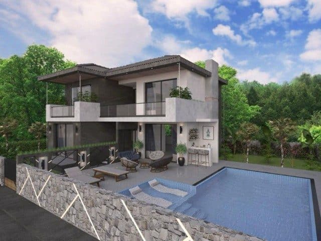 Geniş havuz, taş döşeme ve üst katta cam korkuluklu balkon