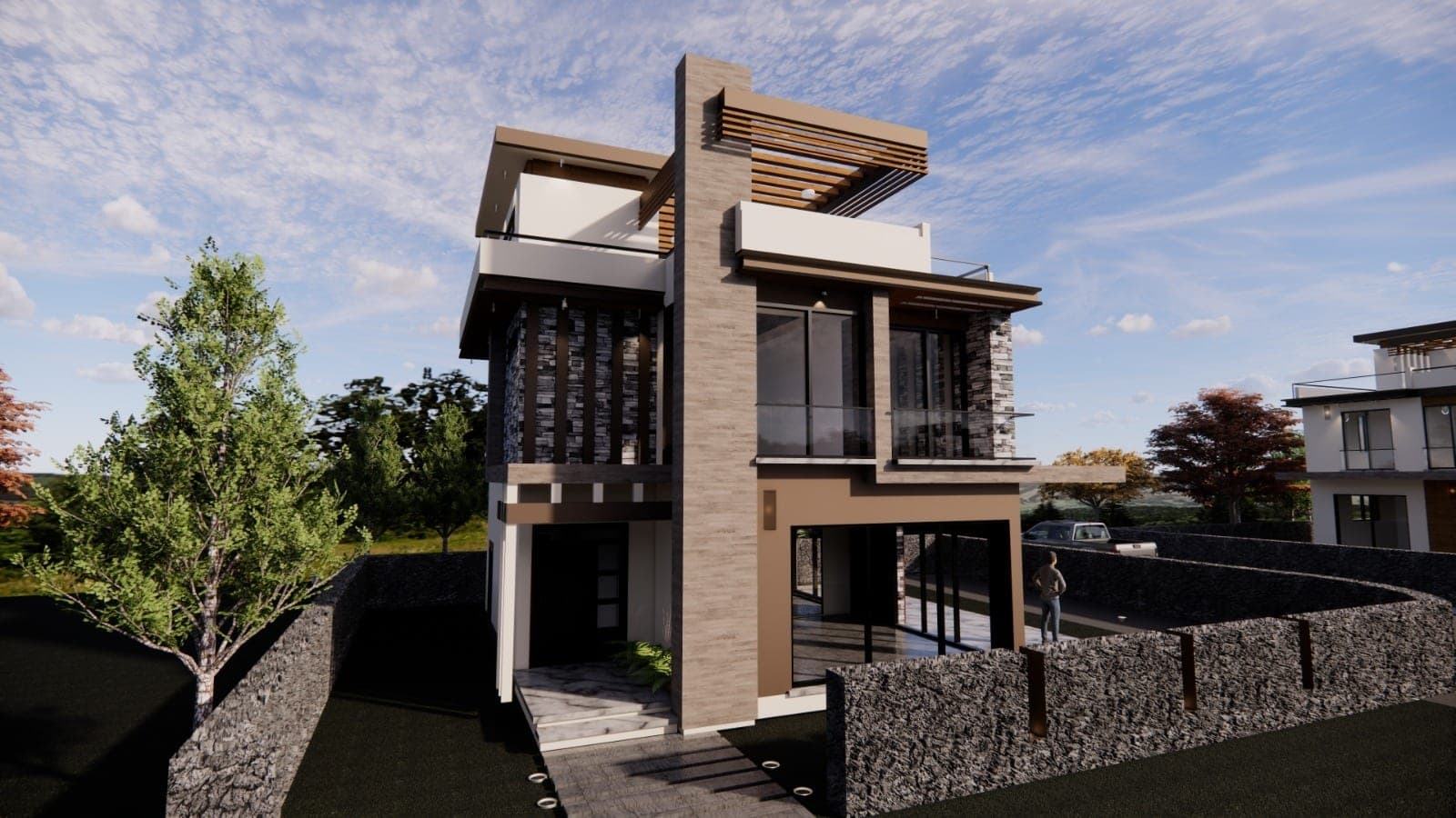 Modern mimariye sahip, taş duvarlarla çevrili müstakil villa dış cephesi