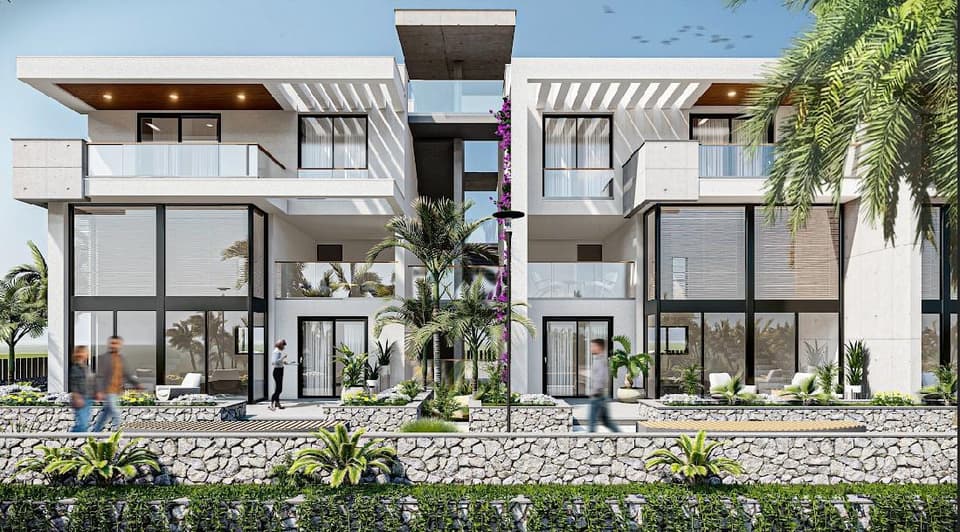 Modern tasarımlı apartman binasının ön cephesi ve peyzajlı ortak alanlar.