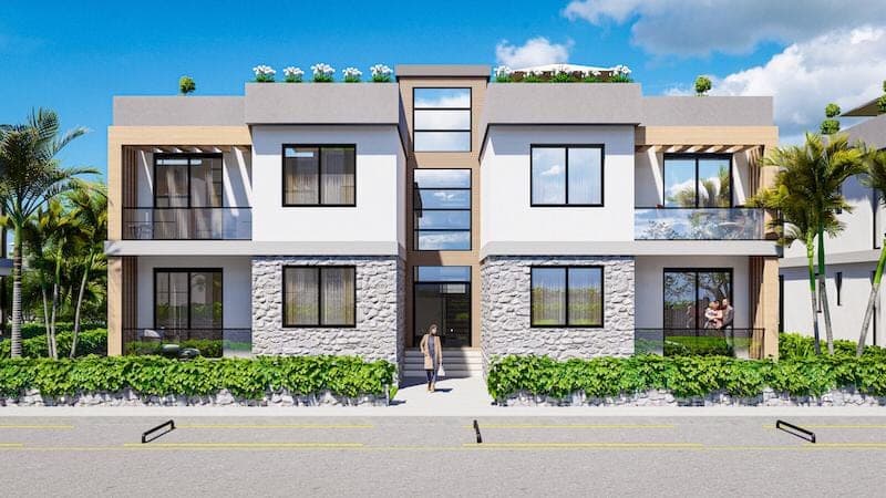 Modern apartment exterior with stone and wood details.