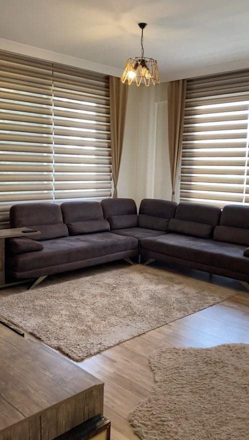 Living room with dark corner sofa set and light-colored rug.