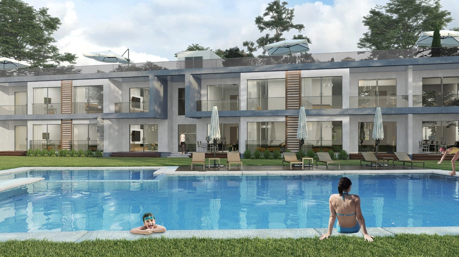 Modern apartment block with shared pool and landscaped garden.
