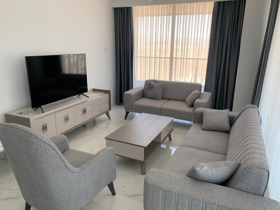 Gri koltuk takımı, sehpa ve TV ünitesi bulunan aydınlık salon.