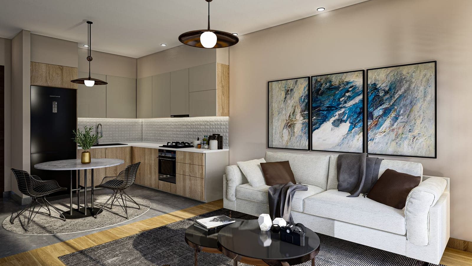 Modern open-plan living room and kitchen, in white and wood tones.