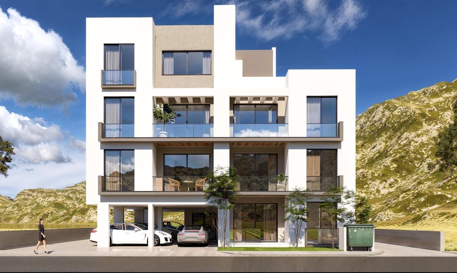 Front facade of a modern building, open parking and mountain view