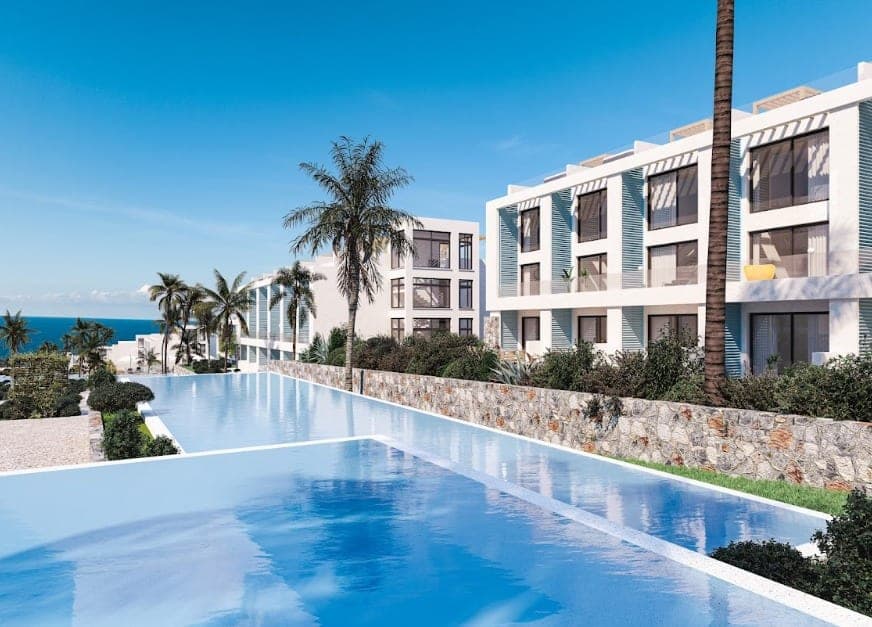 Shared swimming pool surrounded by palm trees and modern buildings by the sea.