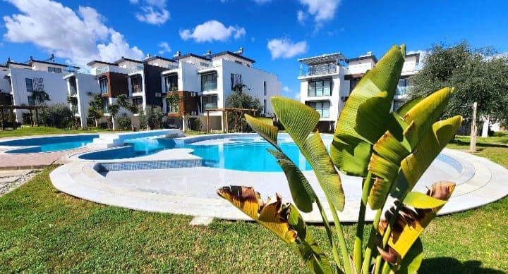 Shared swimming pool and green area in front of modern buildings.