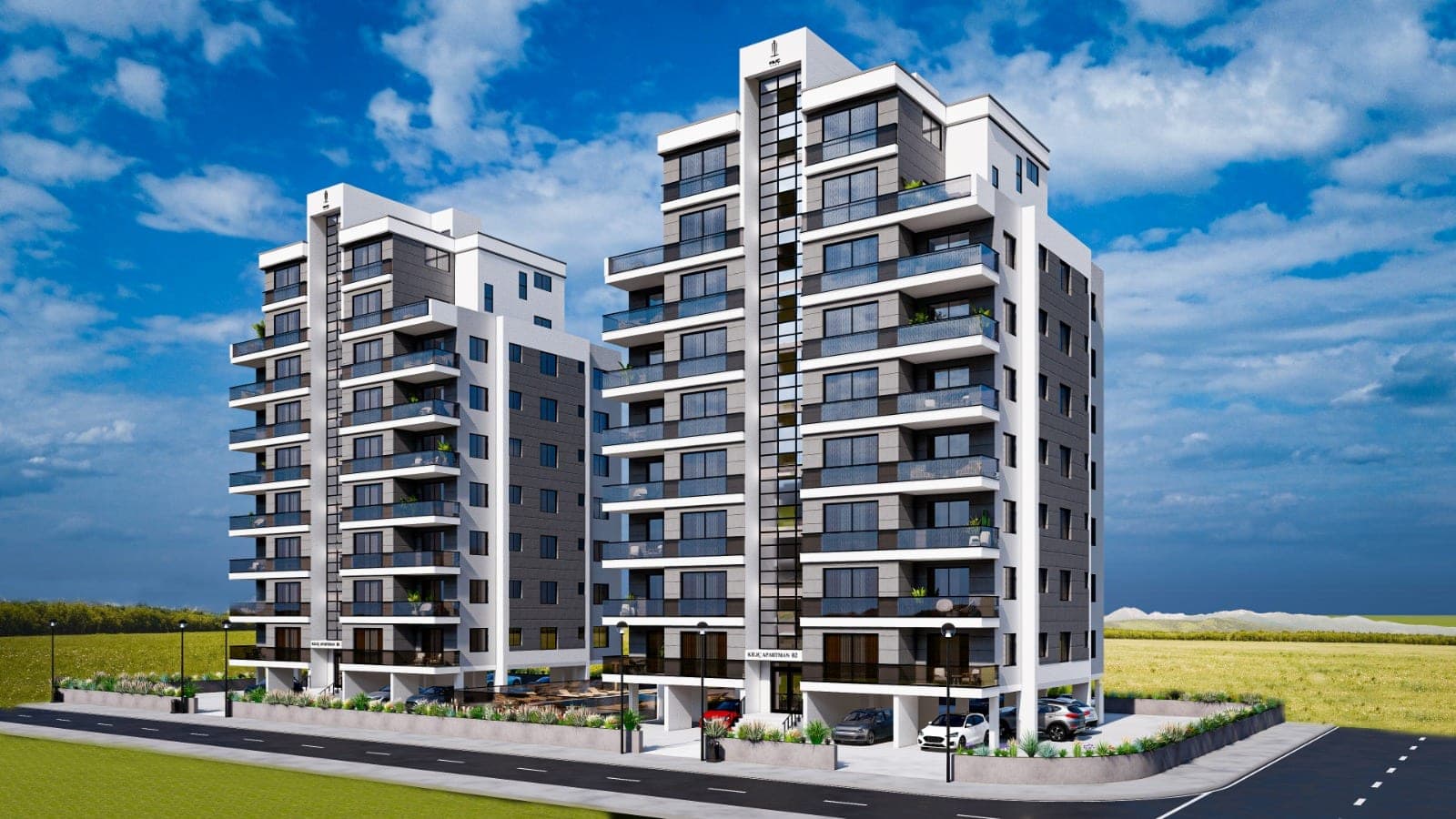 Exterior view of two modern designed high-rise apartment buildings