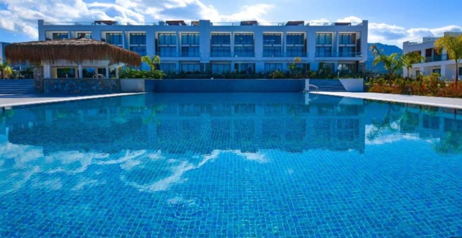 Large swimming pool and exterior of modern buildings