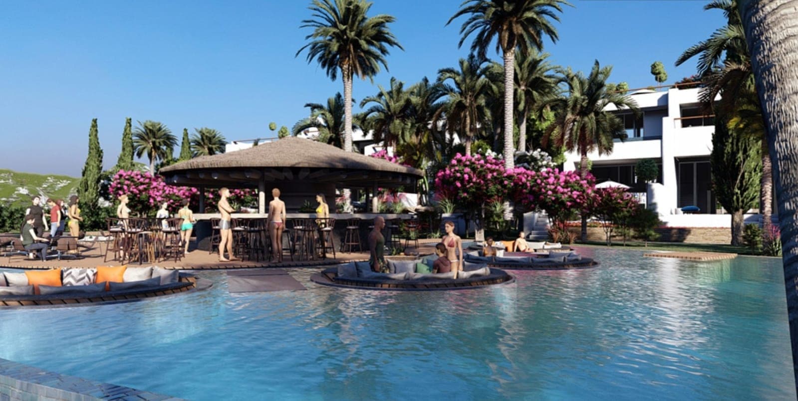 Poolside bar area and seating groups, palm trees.
