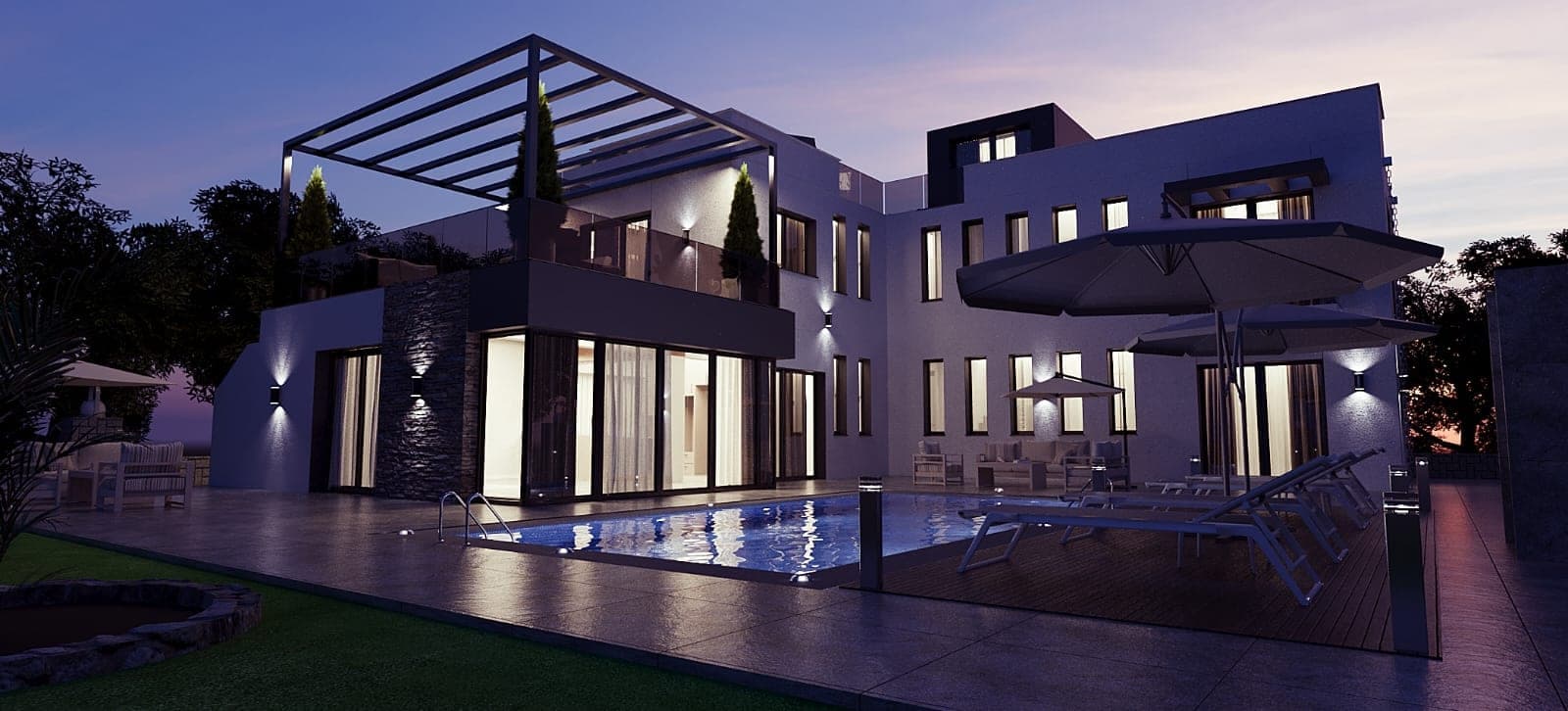Modern villa exterior with evening lighting, private pool and terrace area