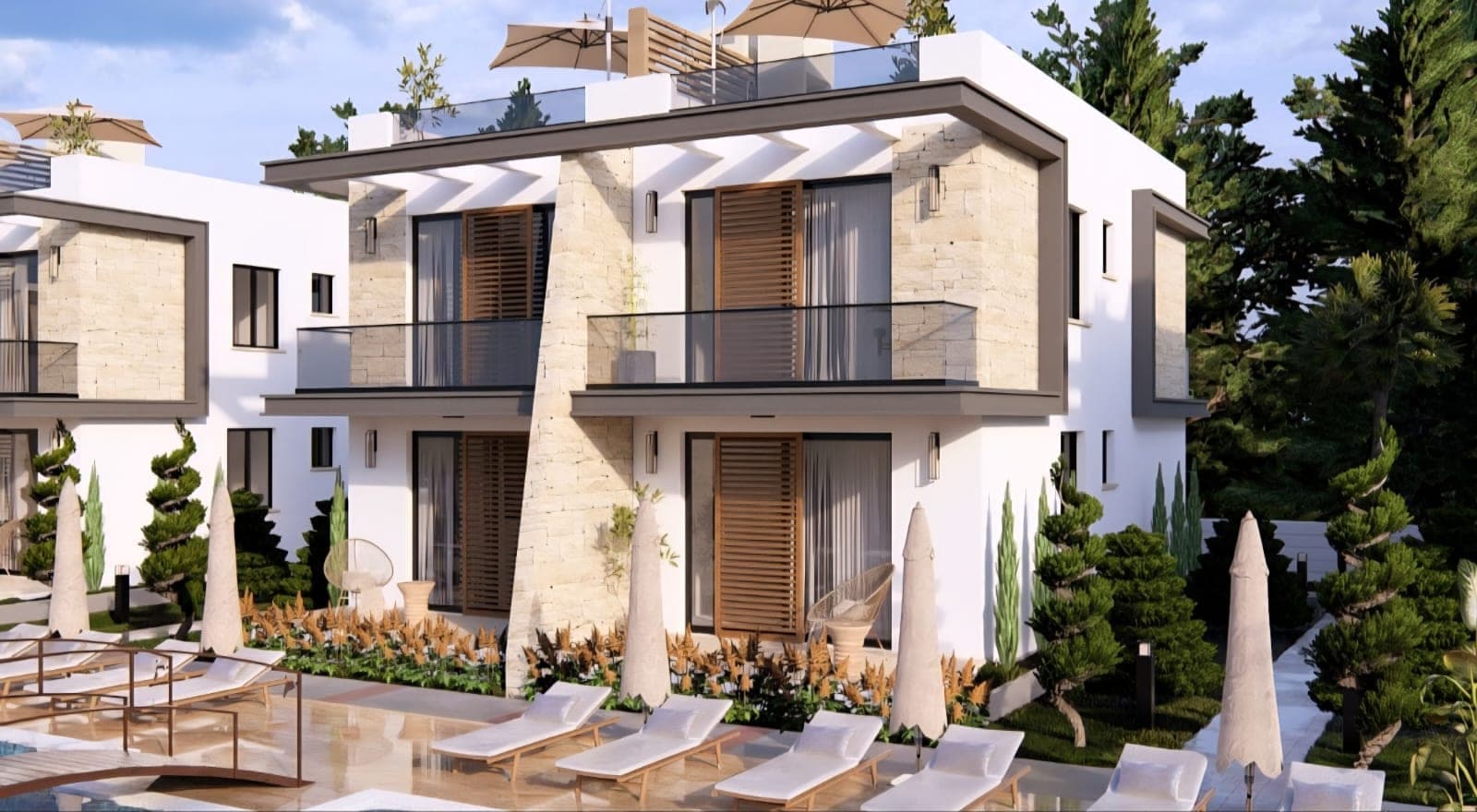 Modern architectural apartment exterior with pool and garden view.