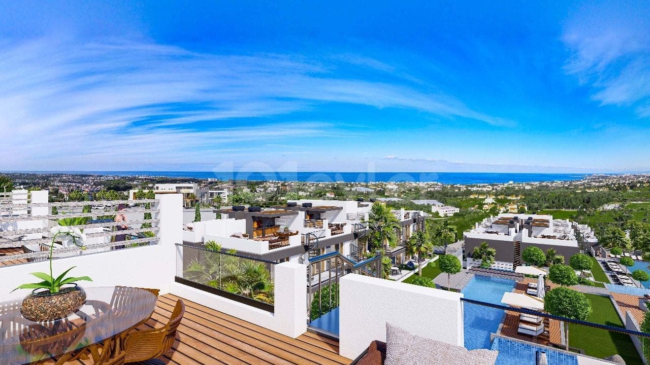 Terrace with sea view and general complex view with pool