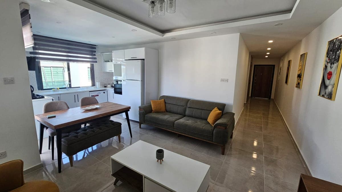 Açık plan salon, mutfak ve yemek alanı, koridor girişi.