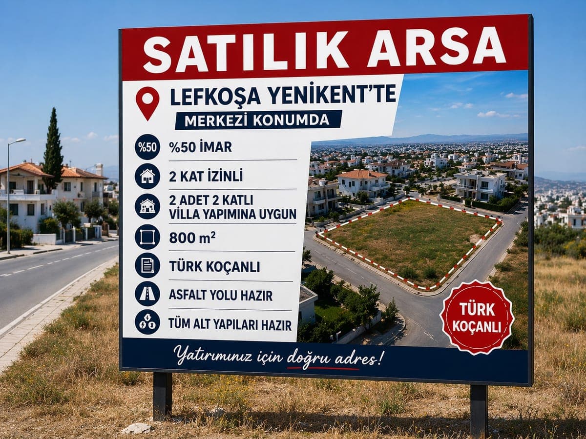 Billboard displaying land for sale in Lefkoşa Yenikent and its surroundings.