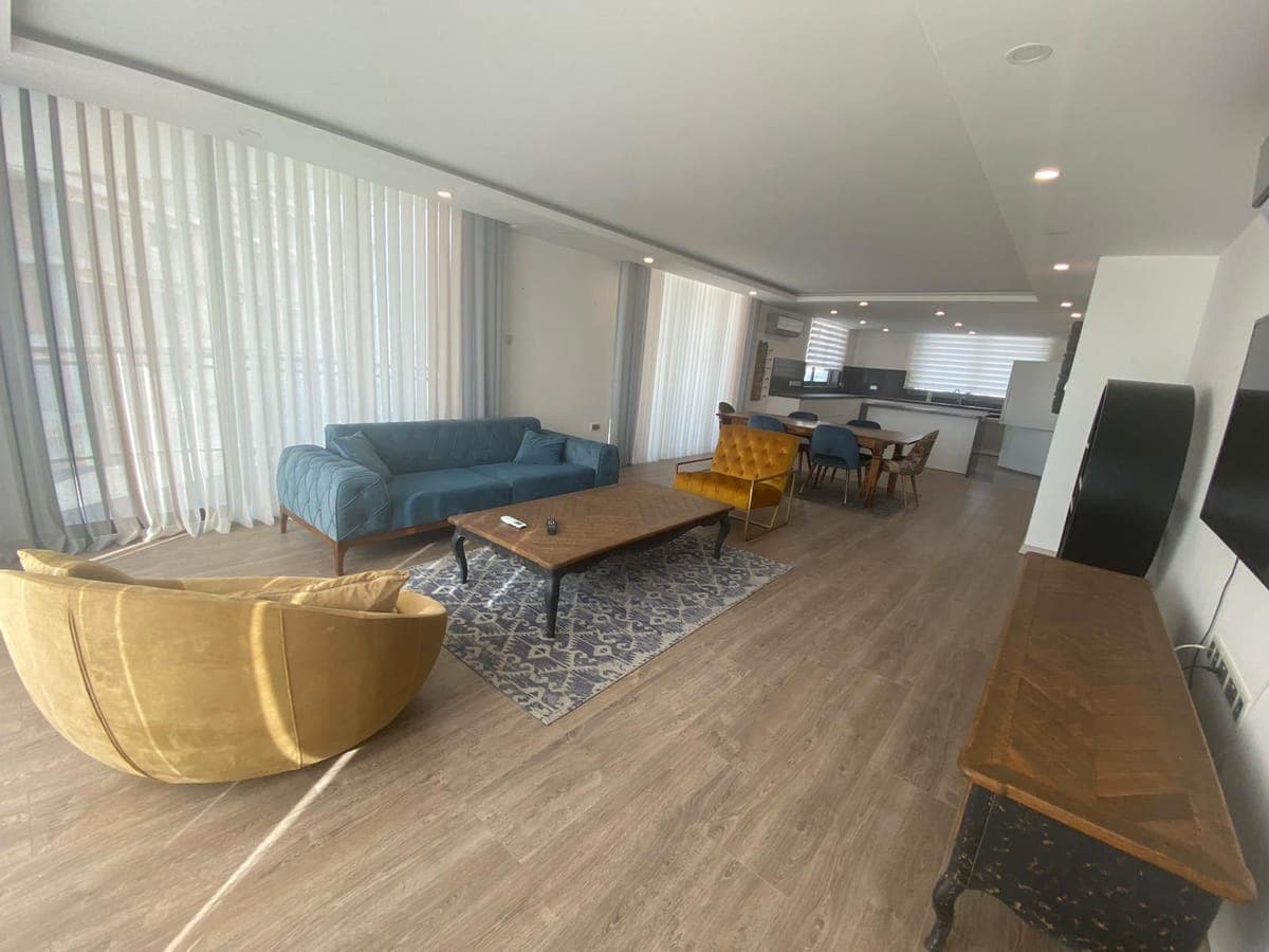 Open-plan living room and kitchen area, furnished with modern furniture.